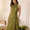The Green Jacquard Ruched Halter Midi Dress