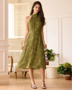 The Green Jacquard Ruched Halter Midi Dress -Deals Dress N Swimwear Store the jacquard ruched halter dress green dresses trwqij