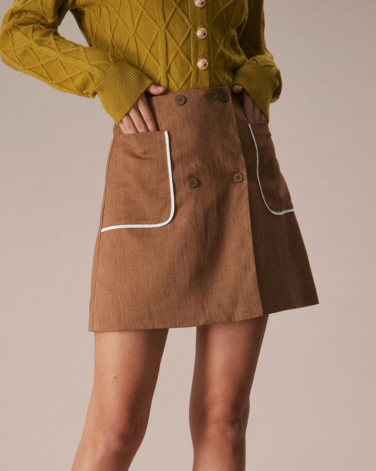The Khaki Contrast Trim Button Mini Skirt 2 The Khaki Contrast Trim Button Mini Skirt - Image 2