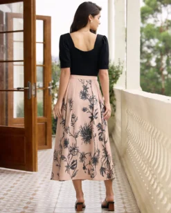 The Khaki High-waisted Floral Pleated Midi Skirt -Deals Dress N Swimwear Store the khaki floral pleated midi skirt bottoms kstapn