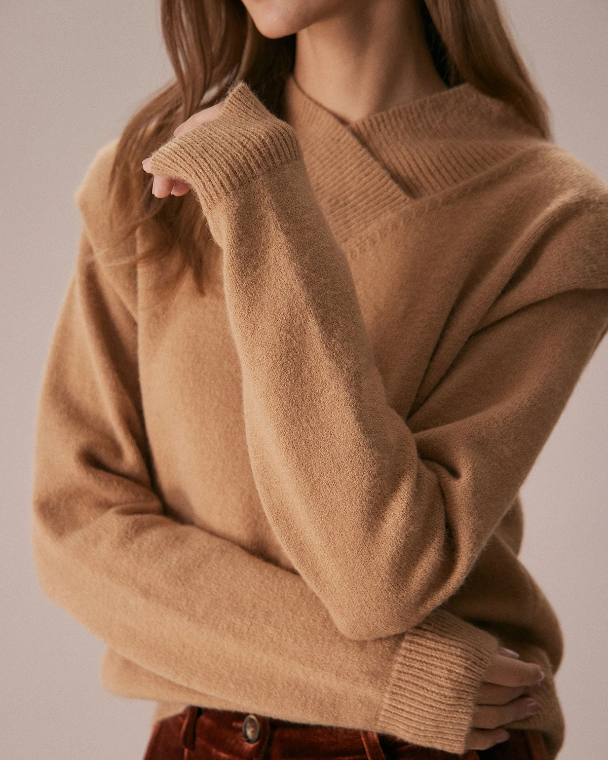 The Khaki V Neck Overlapping Ribbed Sweater 2 The Khaki V Neck Overlapping Ribbed Sweater - Image 2