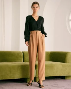 The Khaki High Waisted Pleated Tapered Pants -Deals Dress N Swimwear Store the khaki pleated solid tapered pants bottoms i8y5ac