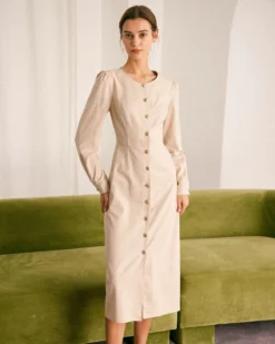 The Khaki Round Neck Button Up Midi Dress