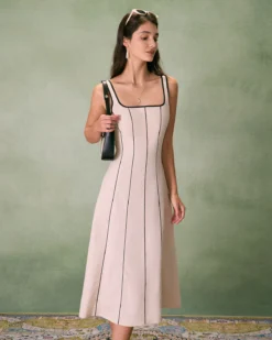 The Khaki Square Neck Contrast Midi Dress 12 The Khaki Square Neck Contrast Midi Dress -Deals Dress N Swimwear Store the khaki square neck contrast midi dress dresses kxddtg