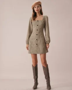 The Khaki Square Neck Plaid Button Mini Dress -Deals Dress N Swimwear Store the khaki square neck plaid mini dress dresses 8dpas2