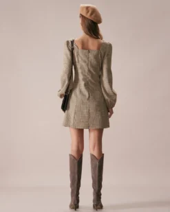 The Khaki Square Neck Plaid Button Mini Dress -Deals Dress N Swimwear Store the khaki square neck plaid mini dress dresses phwmty