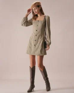 The Khaki Square Neck Plaid Button Mini Dress -Deals Dress N Swimwear Store the khaki square neck plaid mini dress dresses tnzfhh