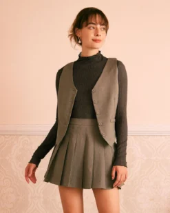 The Khaki V Neck Sleeveless Button Vest