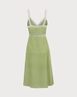 The Green V-Neck Lace Trim Satin Midi Dress -Deals Dress N Swimwear Store the lace trim striped dress dresses nbw7ak