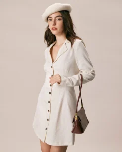 The Beige Lapel Button A Line Mini Dress 9 The Beige Lapel Button A Line Mini Dress -Deals Dress N Swimwear Store the lapel button up long sleeve dress dresses qocrys