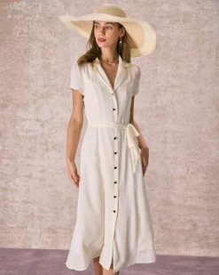 The Beige Lapel Collar Belted Shirt Midi Dress -Deals Dress N Swimwear Store the lapel collar belted shirt dress beige dresses nybrm7