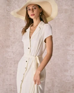 The Beige Lapel Collar Belted Shirt Midi Dress -Deals Dress N Swimwear Store the lapel collar belted shirt dress dresses acvnkt