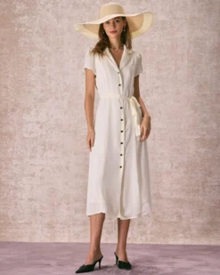 The Beige Lapel Collar Belted Shirt Midi Dress -Deals Dress N Swimwear Store the lapel collar belted shirt dress dresses jtdmdo