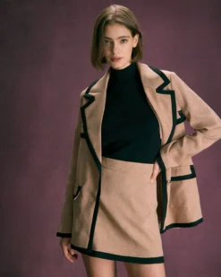 The Khaki Lapel Contrast Trim Button Blazer -Deals Dress N Swimwear Store the lapel contrast trim blazer outerwear bpu3f5