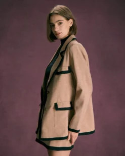 The Khaki Lapel Contrast Trim Button Blazer -Deals Dress N Swimwear Store the lapel contrast trim blazer outerwear oo60lx