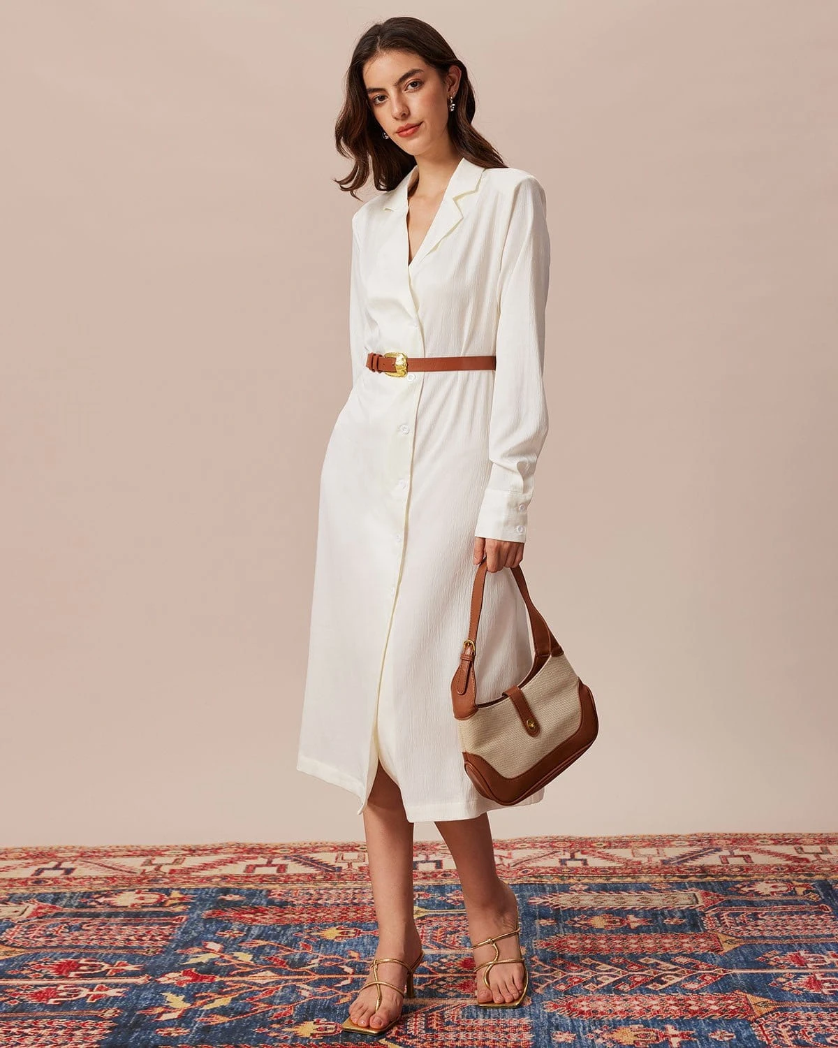 The Beige Lapel Long Sleeve Shirt Midi Dress 1 The Beige Lapel Long Sleeve Shirt Midi Dress