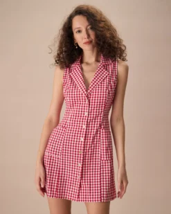 The Lapel Plaid Sleeveless Cotton Mini Dress
