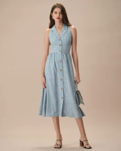The Blue Lapel Plaid Sleeveless Shirt Midi Dress 7 The Blue Lapel Plaid Sleeveless Shirt Midi Dress -Deals Dress N Swimwear Store the lapel plaid sleeveless shirt midi dress dresses c68fkg