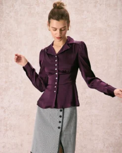 The Wine Red Lapel Puff Sleeve Satin Blouse -Deals Dress N Swimwear Store the lapel puff sleeve satin blouse tops eapsda