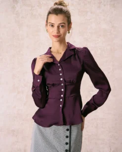 The Wine Red Lapel Puff Sleeve Satin Blouse