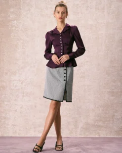 The Wine Red Lapel Puff Sleeve Satin Blouse -Deals Dress N Swimwear Store the lapel puff sleeve satin blouse tops omrfeu