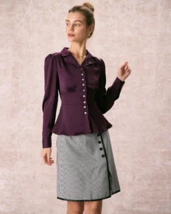 The Wine Red Lapel Puff Sleeve Satin Blouse -Deals Dress N Swimwear Store the lapel puff sleeve satin blouse tops zk7buu