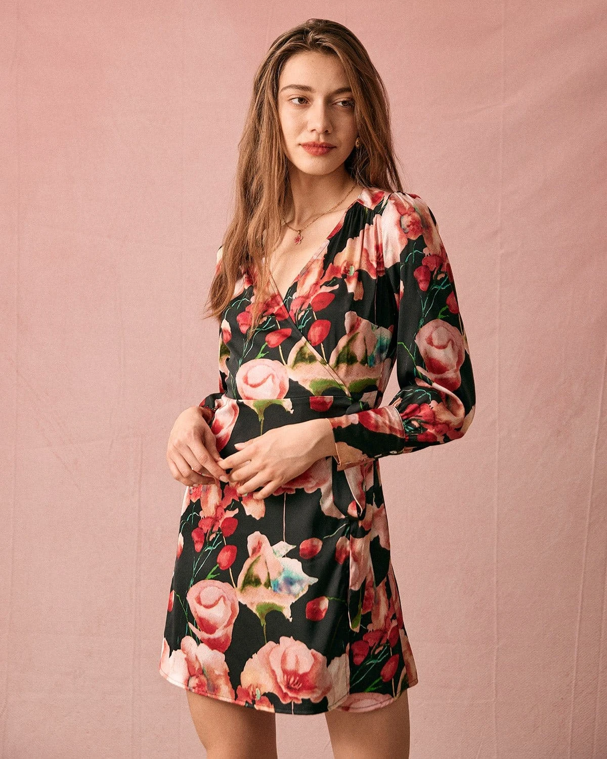 The V Neck Long Sleeve Floral Wrap Mini Dress 3 The V Neck Long Sleeve Floral Wrap Mini Dress - Image 3