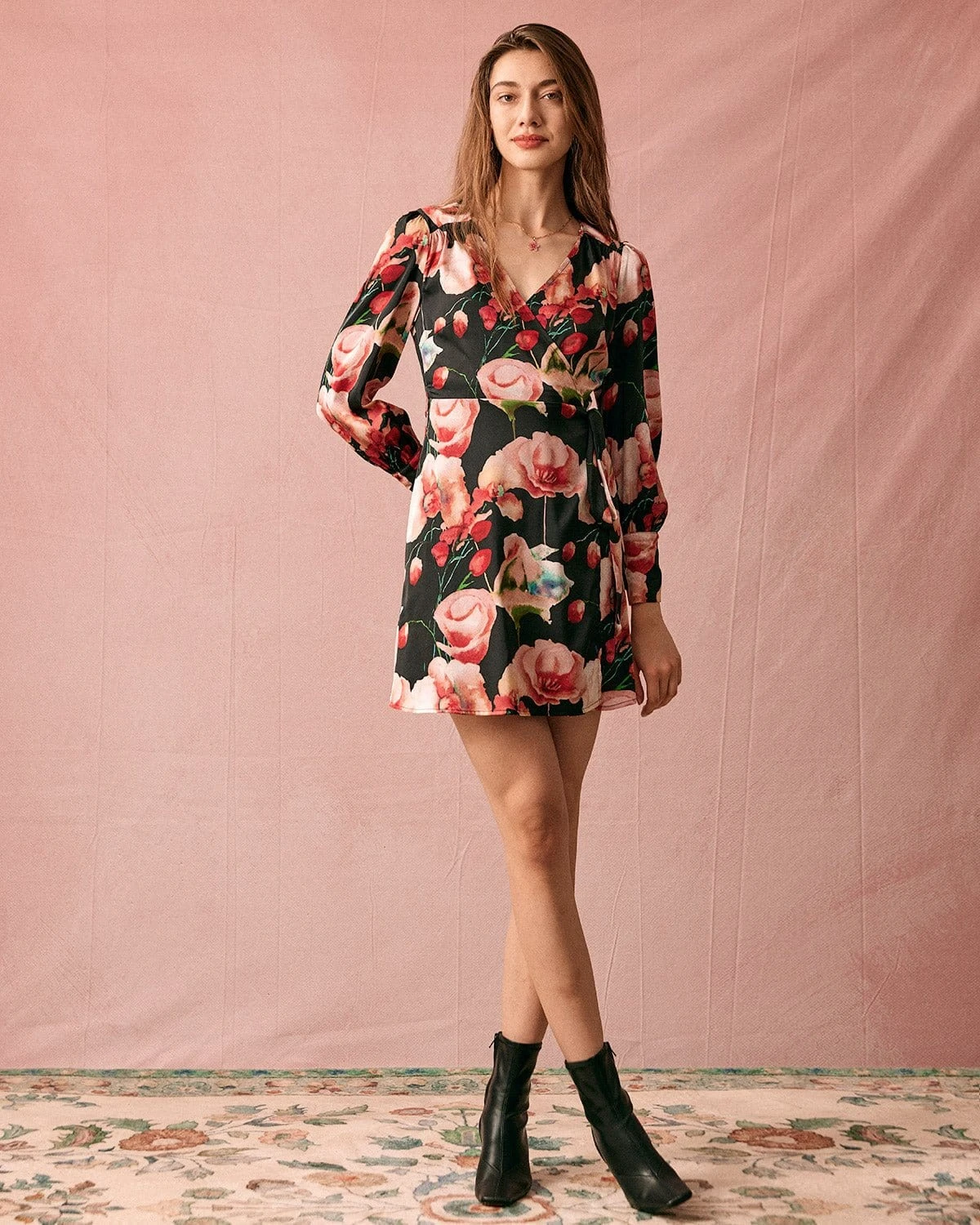 The V Neck Long Sleeve Floral Wrap Mini Dress 4 The V Neck Long Sleeve Floral Wrap Mini Dress - Image 4