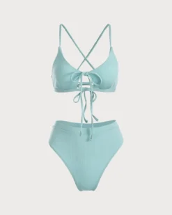 The Blue Criss Cross Cutout Ribbed Bikini Set -Deals Dress N Swimwear Store the light blue v neck ribbed high waisted bikini set light blue bikinis yos1uf 924470