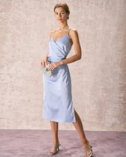 The Light Blue V Neck Satin Slip Midi Dress -Deals Dress N Swimwear Store the light blue v neck satin slip midi dress dresses v9nbur