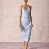 The Light Blue V Neck Satin Slip Midi Dress
