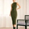 The Army Green Mock Neck Sweater Midi Dress