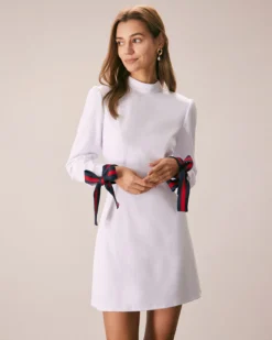 The White Mock Neck Bowknot Cuff Mini Dress -Deals Dress N Swimwear Store the mock neck bowknot cuff dress dresses lfj4dn