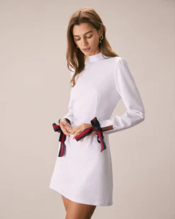 The White Mock Neck Bowknot Cuff Mini Dress -Deals Dress N Swimwear Store the mock neck bowknot cuff dress dresses mn7vof