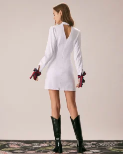 The White Mock Neck Bowknot Cuff Mini Dress -Deals Dress N Swimwear Store the mock neck bowknot cuff dress dresses updkdu