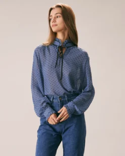 The Blue Mock Neck Dobby Mesh Blouse