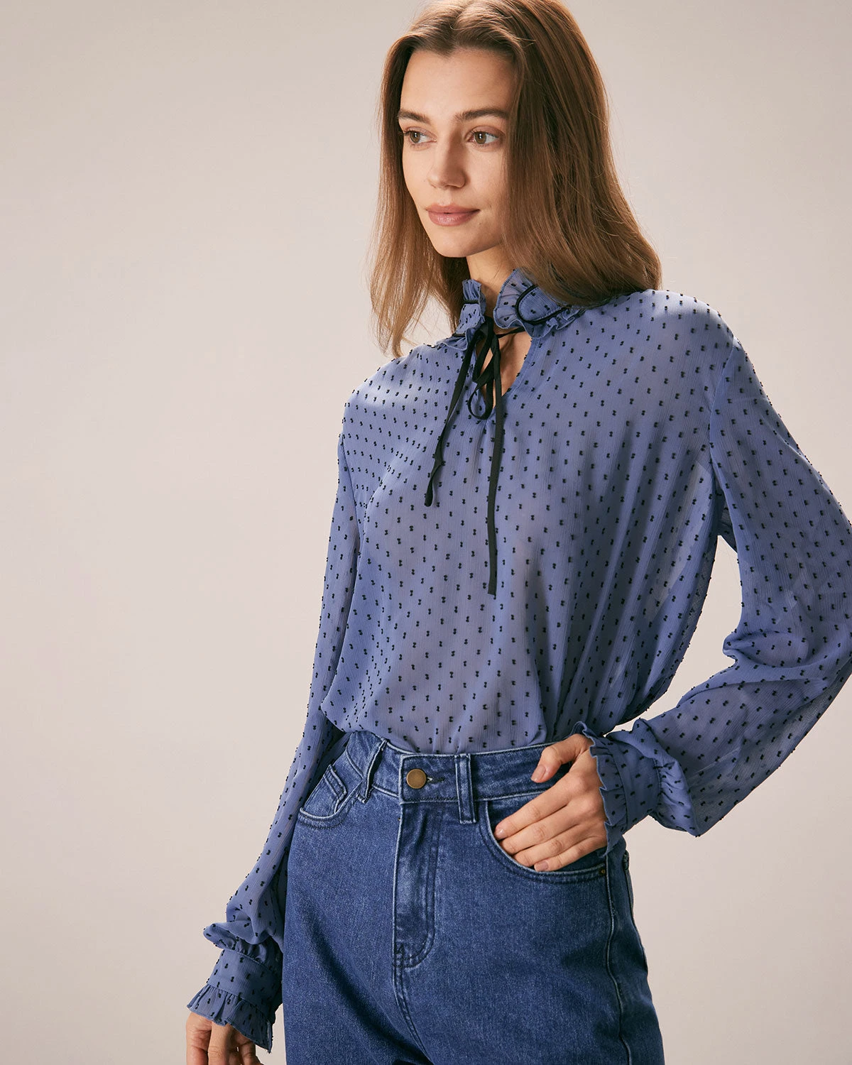 The Blue Mock Neck Dobby Mesh Blouse 2 The Blue Mock Neck Dobby Mesh Blouse - Image 2