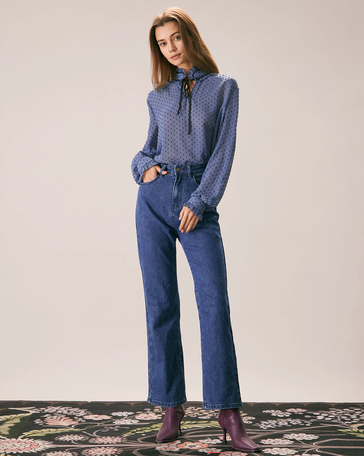 The Blue Mock Neck Dobby Mesh Blouse 5 The Blue Mock Neck Dobby Mesh Blouse - Image 5