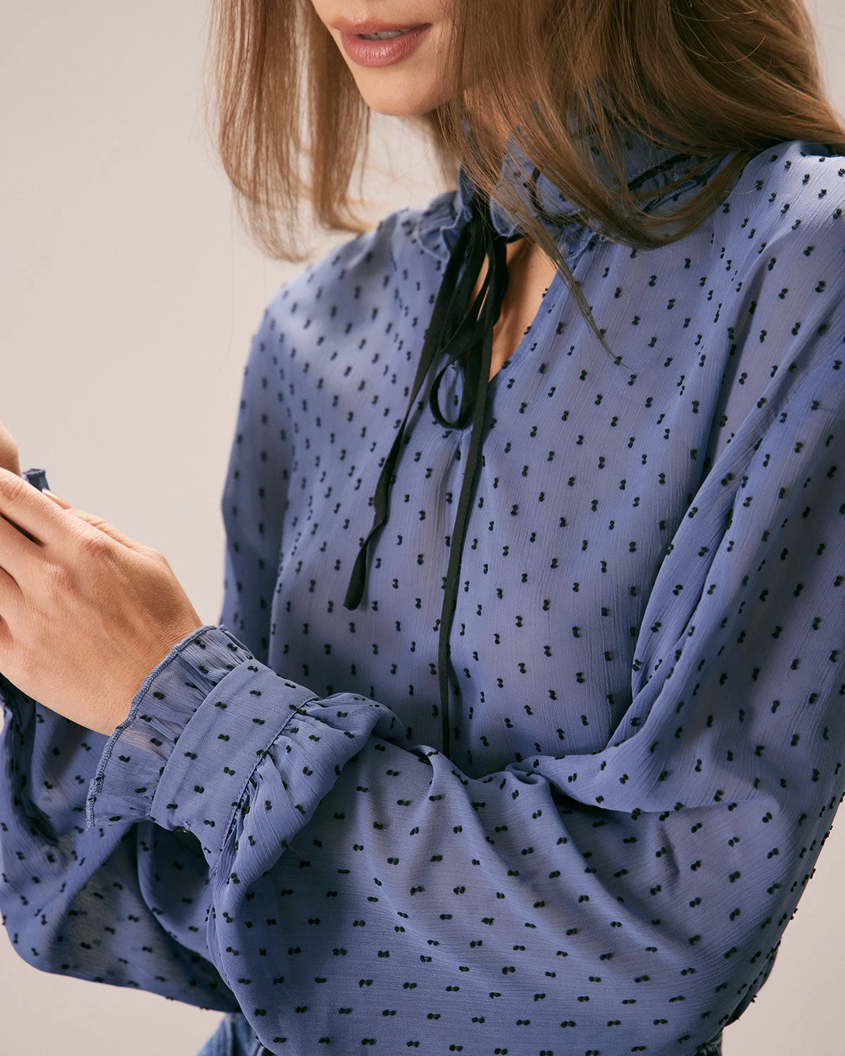 The Blue Mock Neck Dobby Mesh Blouse 3 The Blue Mock Neck Dobby Mesh Blouse - Image 3