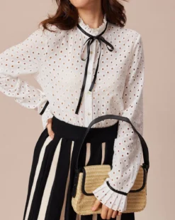 The White Mock Neck Polka Dot Cutout Blouse -Deals Dress N Swimwear Store the mock neck ruffle trim blouse tops rp3k2z 373370