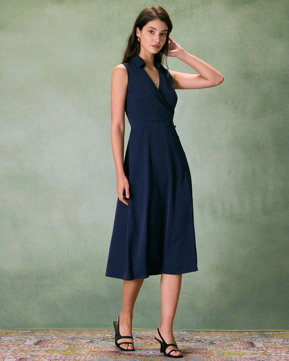 The Navy Collared Ruched Sleeveless Midi Dress 5 The Navy Collared Ruched Sleeveless Midi Dress - Image 5
