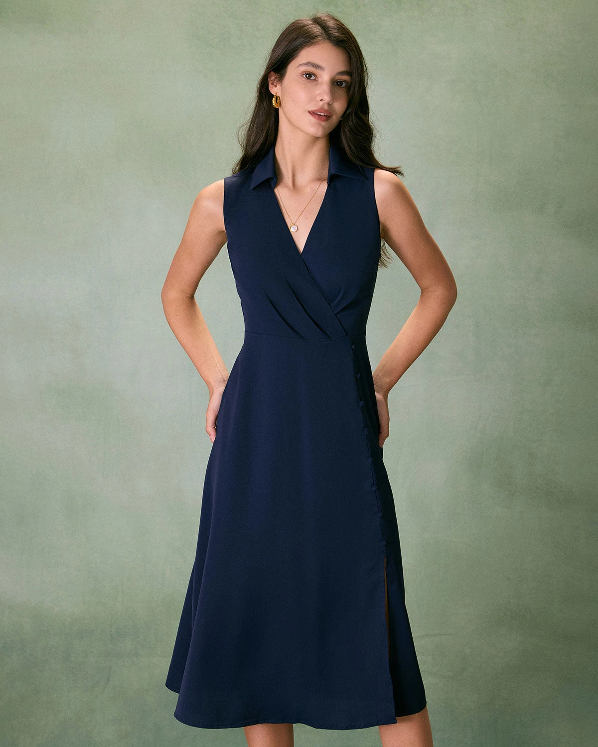 The Navy Collared Ruched Sleeveless Midi Dress 1 The Navy Collared Ruched Sleeveless Midi Dress