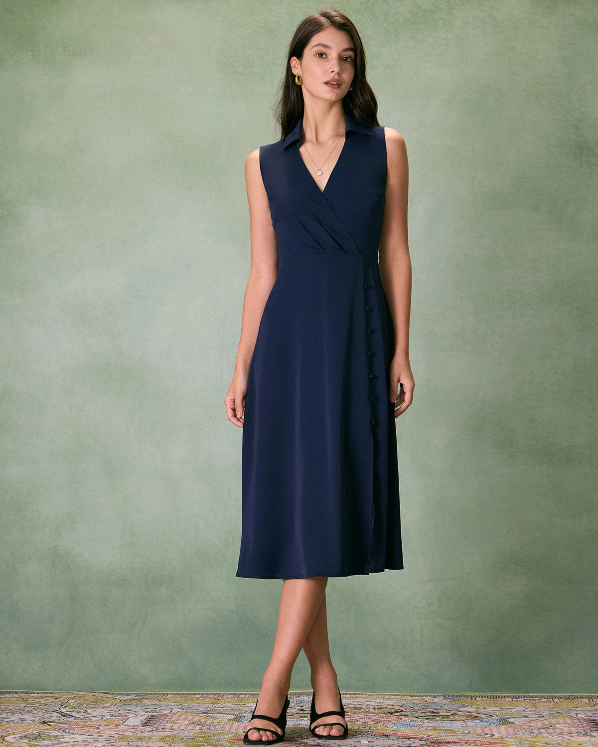 The Navy Collared Ruched Sleeveless Midi Dress 4 The Navy Collared Ruched Sleeveless Midi Dress - Image 4