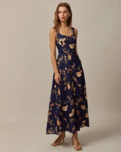 The Navy Sweetheart Neck Floral Maxi Dress