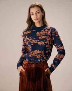 The Navy Mock Neck Abstract Print Sweater