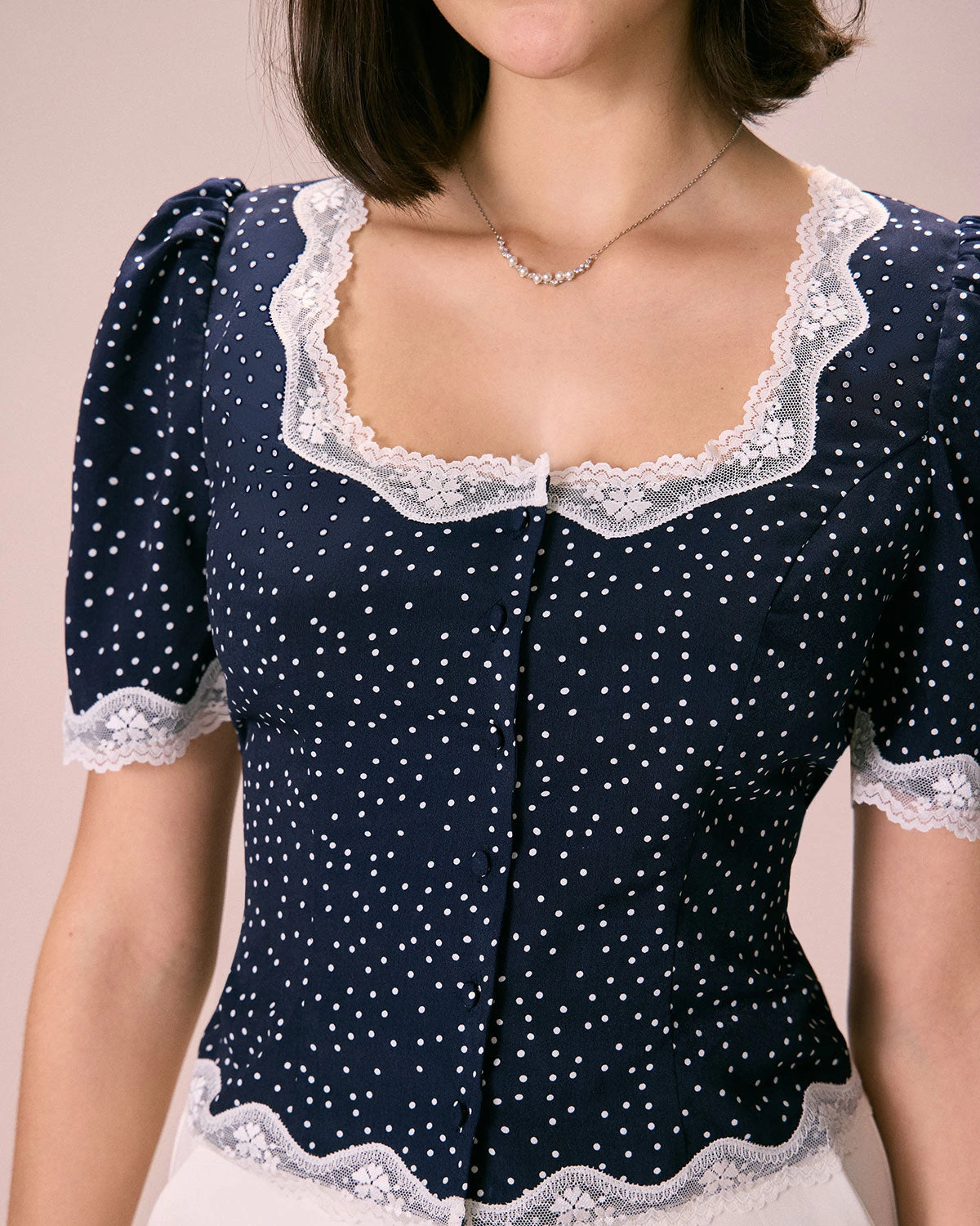 The Navy Polka Dot Lace Puff Sleeve Blouse 2 The Navy Polka Dot Lace Puff Sleeve Blouse - Image 2