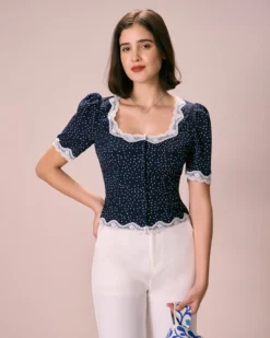 The Navy Polka Dot Lace Puff Sleeve Blouse 7 The Navy Polka Dot Lace Puff Sleeve Blouse -Deals Dress N Swimwear Store the navy polka dot lace blouse tops qphdfu