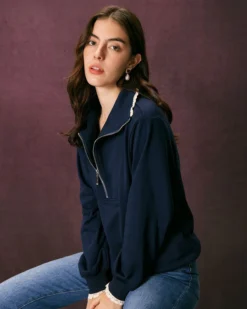 The Navy Stand Collar Half Zipper Sweatshirt -Deals Dress N Swimwear Store the navy solid half zip sweatshirt tops 5fbemu 846149