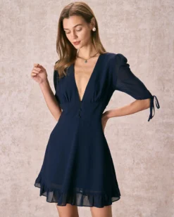 The Navy Deep V Neck Half Sleeve Mini Dress