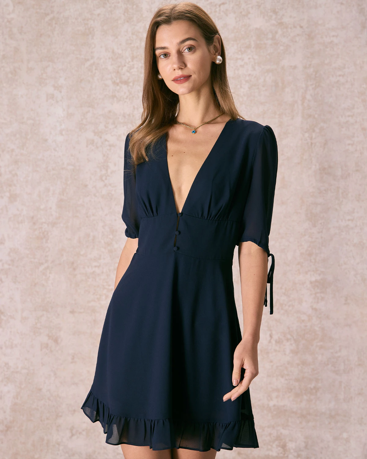 The Navy Deep V Neck Half Sleeve Mini Dress 3 The Navy Deep V Neck Half Sleeve Mini Dress - Image 3